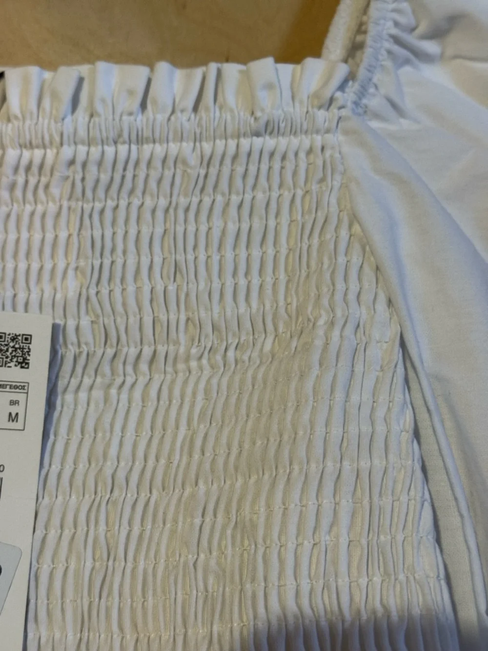 Zara White Smocked Puff Sleeves Cropped 100% Cotton Top Size M